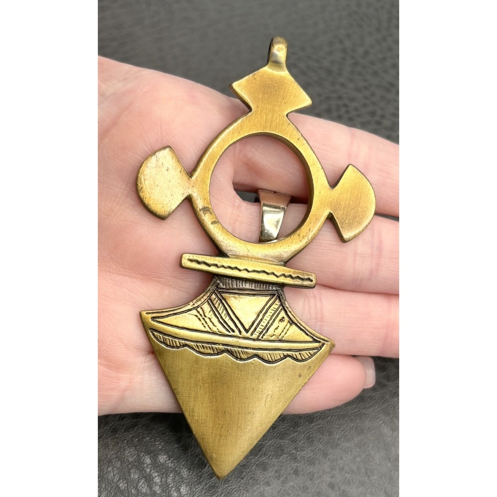 Tribal Mali Touareg Amulet Cross Pendant Long Brass Tone Geometric Signed VM
